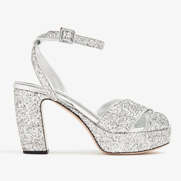 NWT Miu Miu Platform Ankle Strap Sandals Silver Glitter Crisscross Straps Sz 36 - Picture 1 of 11